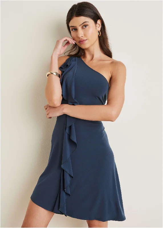 Women's Evening Garments One-Shoulder Ruffle Detail Dress - Navy