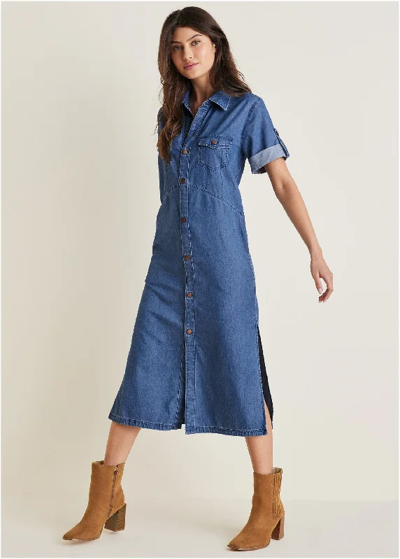 Women's Casual Clothing For Lounging Denim Midi Shirt Dress - Medium Wash