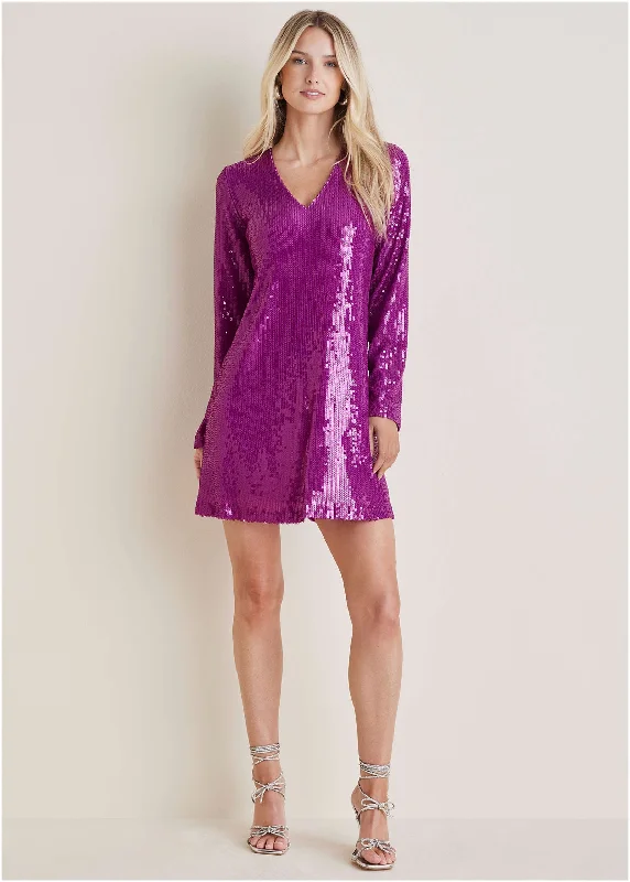 Stylish And Comfortable Clothing For Women Sequin Long-Sleeve Mini Dress - Cattleya Orchid