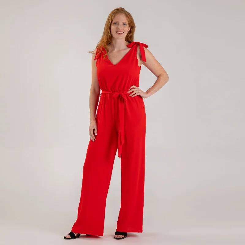 Women's Clothing For Outdoor Activities Textured Solid Tie Shoulder Jumpsuit