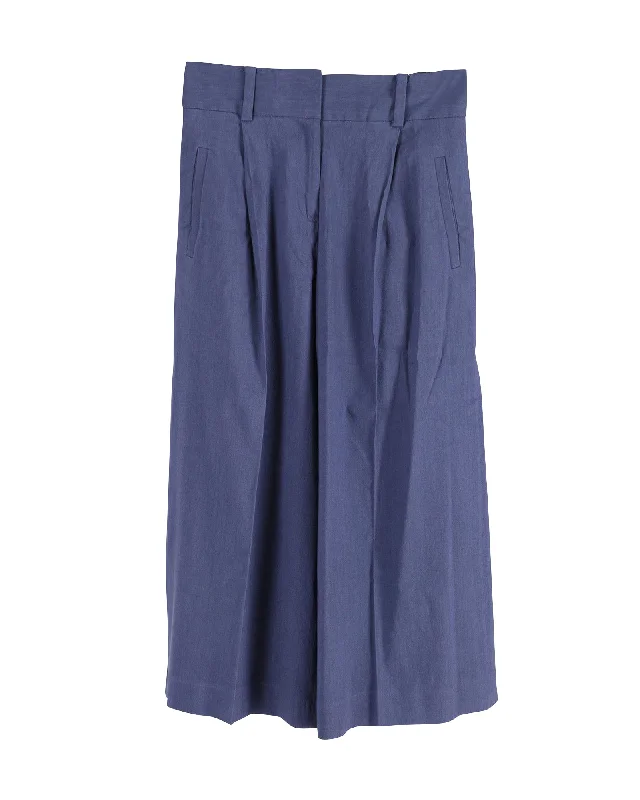 Women's Office Outfit Diane Von Furstenberg Flared Cropped Trousers in Blue Linen