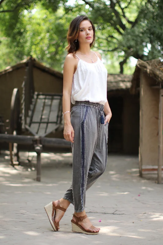 Timeless Women's Garments Navy Sophistication Dusty Grey Viscose Pants with Navy Stripes from India