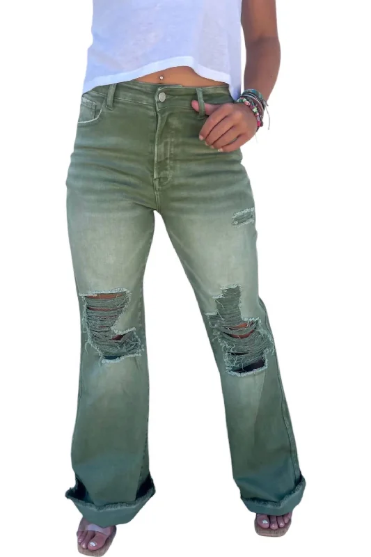 Casual Apparel For Women Wide Leg Dad Jeans In Olive